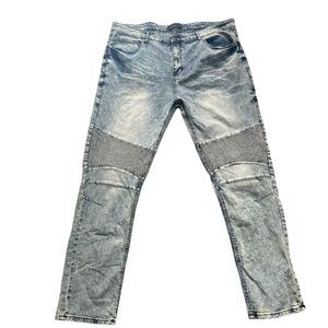Encrypted Blue Acid Wash Moto Ribbed Distressed Jeans Men's Size 44 Streetwear